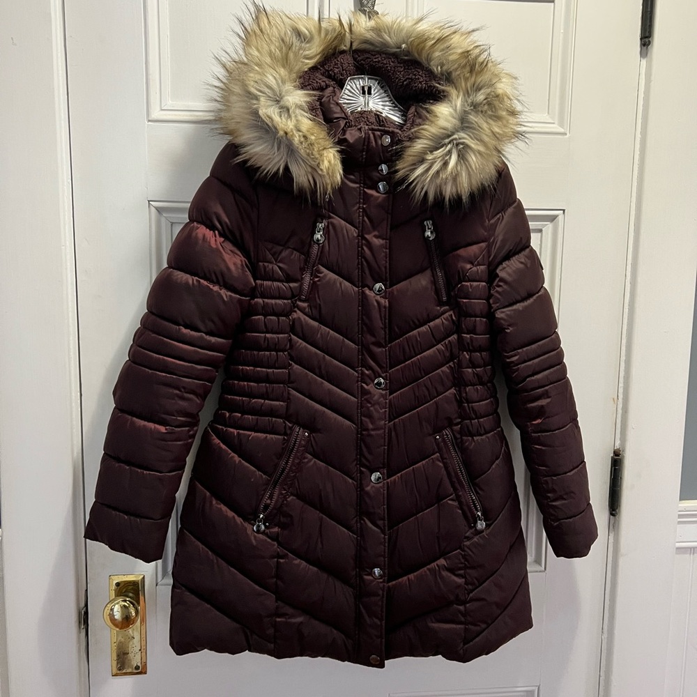 Laundry faux fur trim hooded puffer coat